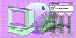 Old retro computer with CRT monitor on a grid background. Vaporwave vintage style aesthetics.