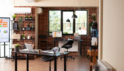 Wall Mural - Nobody in business office with desks and modern equipment, used to plan startup project. Empty space with technology and furniture, decorations for financial meeting in boardroom.