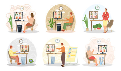 Video conference online meeting. People group on computer screen taking with colleague. Online conversation with friends remotely. Communication screen conference videoconferencing chatting woman