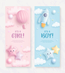 Wall Mural - Set of baby shower vertical banner with cartoon rocket and hot air balloon on blue and pink background. It's a boy. It's a girl. Vector illustration