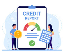 Score Credit Report Document, Good Rating Loan. Personal Credit Gauge Information, Approved Credit, Mortgage, Loan. Vector Illustration