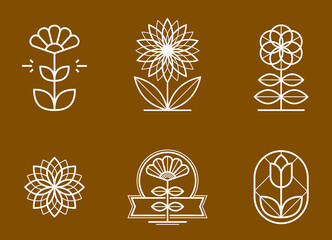 Wall Mural - Beautiful geometric flower logos vector linear designs set, sacred geometry line drawing emblems or symbols collection, blossoming flower hotel or boutique or jewelry logotypes.