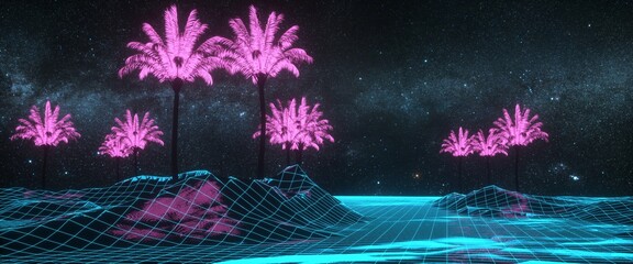 Blue neon wireframe landscape against black starry sky with nebula. Space scene. Cyberspace concept. Futuristic wallpaper in style of 80's. Synthwave stylization. 3d illustration.