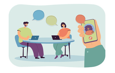Wall Mural - office workers talking to colleague or customer over phone. hand holding smartphone with woman on sc