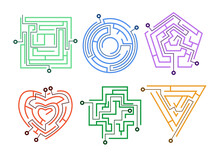 Mazes With Various Entrances And Exits, Directions, Right And Wrong Ways. Mysteries Of Different Shape Such As Heart, Square, Circle Cartoon Vector Illustration Set. Riddles, Labyrinth Games Concept