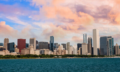 Wall Mural - Chicago, Illinois, USA downtown skyline from lake Michigan, Chicago downtown skyline at dusk, 