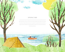 Watercolor Travel Vector Template With Tent, Fishermen, River And Sun. Template Frame For Invitation, Poster, Flyer, Banner, Card. Place For Message