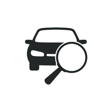 Magnifier Glass On Car Graphic Icon. Sign Isolated On White Background. Symbol Of Car Searching And Selling. Vector Illustration