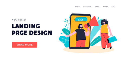 Wall Mural - woman shopping online at discounts flat vector illustration. saleswoman with loudspeaker on phone sc