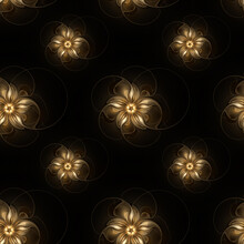 Seamless Abstract Fractal Golden Brown Floral Pattern On Black Background