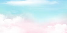 Panorama Clear Blue Sky And Pink Cloud Detail  With Copy Space. Sky Landscape Background.Summer Heaven With Colorful Clearing Sky. Vector Illustration.Sky Clouds Background.