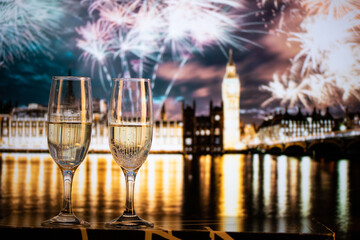 Sticker - champagne glasses and Big Ben in background New Year's eve in London