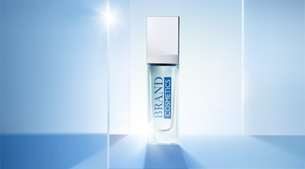 Product cosmetic with Transparent glass plates blue . product presentation, mock up, show cosmetic product . 