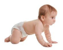 Cute Little Baby Crawling On White Background