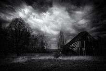 Ruined Abandoned Wooden Barn, Leafless Trees, Dramatic Sky. Monochrome Gloomy Black And White