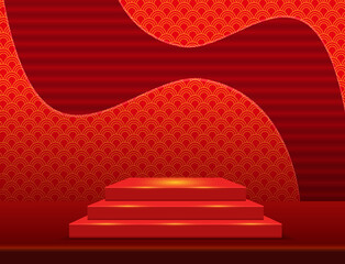 Vector Chinese new year illustration with stage and asian elements on red ornament