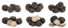 Set With Expensive Delicious Black Truffles On White Background. Banner Design