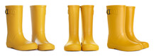 Set With Yellow Rubber Boots On White Background. Banner Design