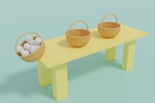 3d Render Of Many Eggs In 1 Basket On A Table About To Fall Off And 2 Baskets With No Eggs In Them And A Turquios Background