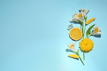 Wall Mural - Flat lay composition with alstroemeria flowers and orange slices on light blue background, space for text