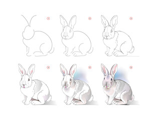 Wall Mural - how to learn to draw sketch of cute little rabbit. creation step by step watercolor painting. educat