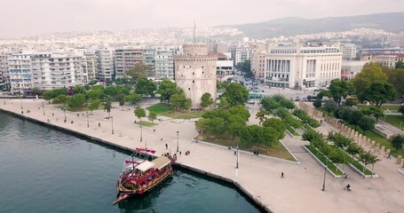 Wall Mural - video of a drone flying over the main symbol of thessaloniki and the whole of macedonia - the white 