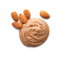 Delicious almond butter and nuts on white background, top view
