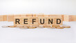refund - wooden letters on the office desk, white background, business concept