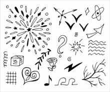 Hand Drawn Collection Of Doodle Elements For Design Concept. Arrows, Splashes, Waves, Broken Lines, Drops, Circles, Curly Squiggles, Geometric Shapes And Other Abstract Objects In The Doodle Style.