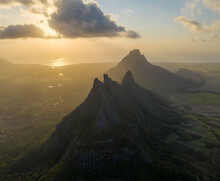 Aerial View Of A Trois Mamelles, A Mountain Peak View During Sunset Near Vacoas Phoenix, Mauritius.