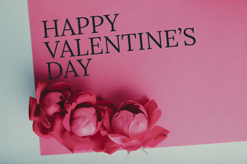 Sticker - Happy Valentines Day with vintage style roses on pink background for holiday.