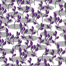 Seamless Pattern Of Ornate Doodle Leaves Of Purple Color And Gray Ovals On A White Background