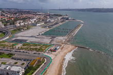 Aerial View Of A Small Harbour Along The Tagus River In Alges, Lisbon, Portugal.