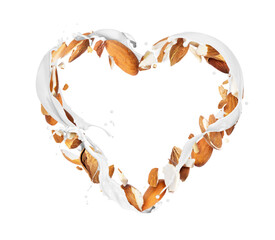 Canvas Print - Crushed almonds in the air in the shape of a heart with milk splashes