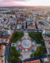 Panoramic Aerial View Of Campo Pequeno City Mall At Sunset With City Gardens Around, Lisbon, Portugal.