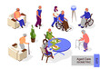 Old people. Aged care in isometric view. 3D illustration