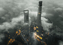 Aerial View Of Shanghai Tower With Clouds At The Sunrise, Shanghai, China.