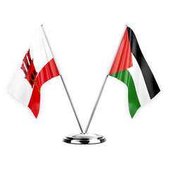 Two table flags isolated on white background 3d illustration, gibraltar and palestine