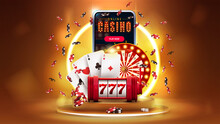Online Casino, Banner With Smartphone, Casino Slot Machine, Casino Roulette, Playing Cards, Poker Chips On Gold Podium With Yellow Neon Ring On Background, 3d Realistic Vector Illustration.