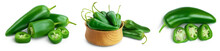 Jalapeno Peppers Isolated On White Background. Green Chili Pepper With Clipping Path And Full Depth Of Field. Set Or Collection