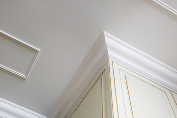 Wall Mural - Detail of corner ceiling cornice with intricate crown molding.