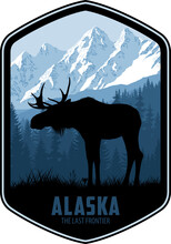 Alaska Vector Label With Moose Bull And Mountains Woodland Forest