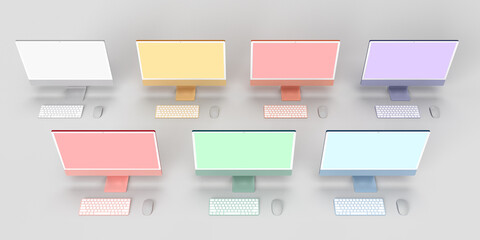 Collection group computer notebook tablet keyboard mouse revbapple topview red blue purple pink green orange white mock up empty technology electronic business online creative graphic design.3d render