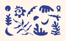 Set Of Blue Hand-drawn Sea Shapes In Matisse Style On White Background. 