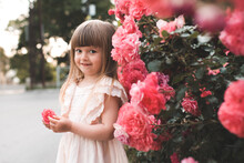 Blonde Girl In Yellow Dress Posing With Pink Rose Flowers Outdoor