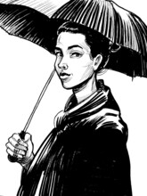 Ink Black And White Drawing Of A Lady With Umbrella