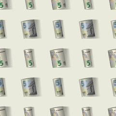 Financial seamless pattern. EU paper money rolled into rolls. 3D banknotes of 5 euro denomination with shadows, arranged symmetrically on a light background