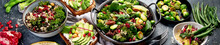 Vegan Dishes Assortment On Gray Background.