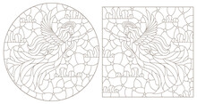 A Set Of Contour Illustrations In The Style Of Stained Glass With Angel Girls On A Sky Background, Dark Contours On A White Background