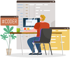 Programmer engineering and coding. Coder programmers working on web development on computer. Concept of script coding and programming in php, javascript, python, other languages. Software developers